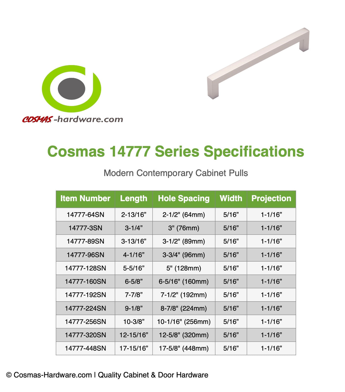 Cosmas 14777-96SN Satin Nickel Modern Contemporary Cabinet Pull