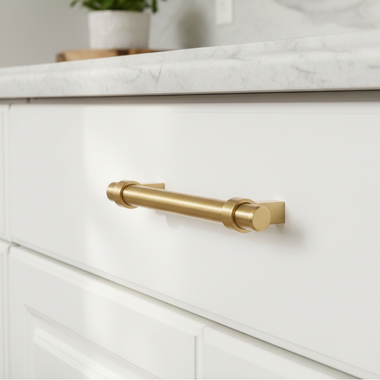 A close-up of a white kitchen cabinet drawer featuring a brushed gold metal bar handle, with a white marble countertop and a small potted plant in the background.
