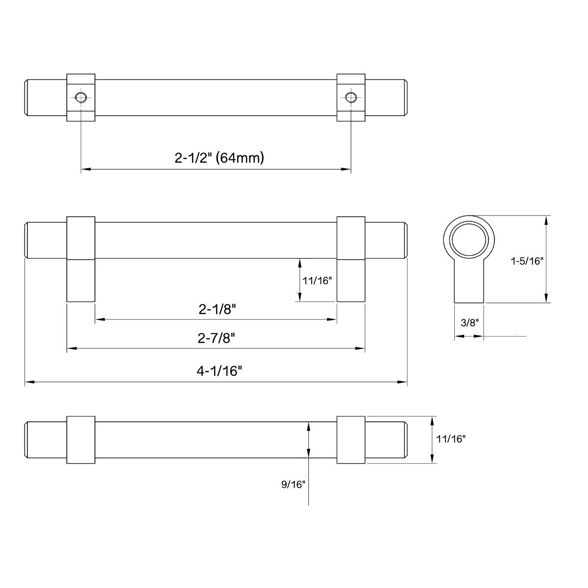 Cosmas 161-2.5FB Flat Black Cabinet Hardware Euro Style Bar Pull