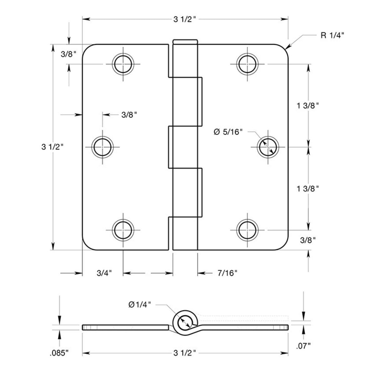 Cosmas Matte Black Door Hinge 3.5&quot; with 1/4&quot; Radius Corners