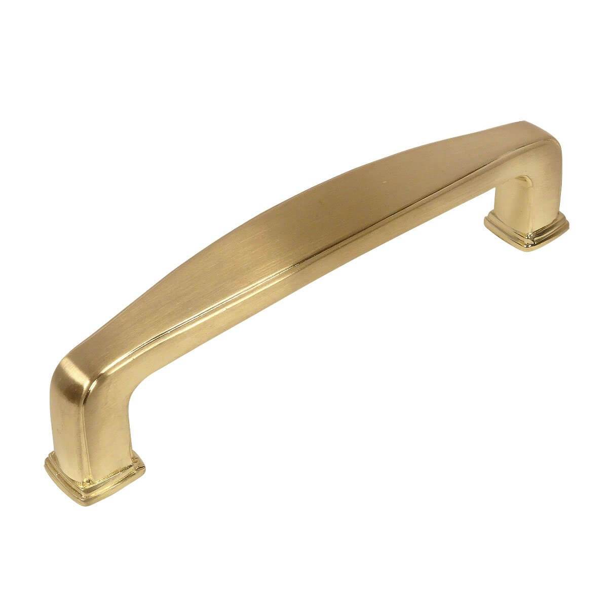 Cabinet pull with a wide shape in the centre with brushed brass finish and three and a half inch hole spacing