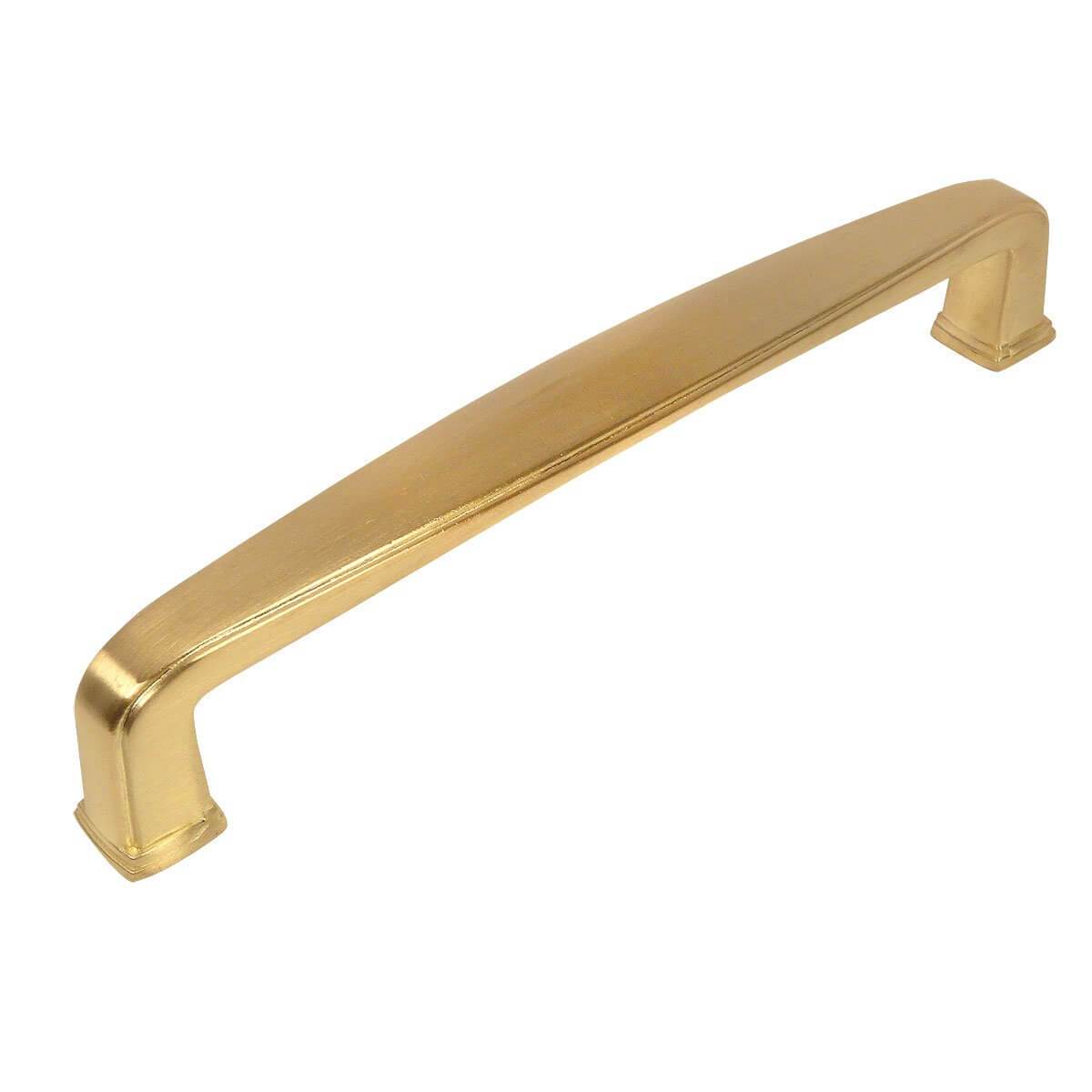 Brushed brass drawer pull with five inch hole spacing and elongated subtle wide design