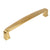 Brushed brass drawer pull with five inch hole spacing and elongated subtle wide design
