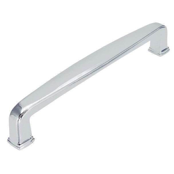 Polished chrome drawer pull with elongated design and five inch hole spacing