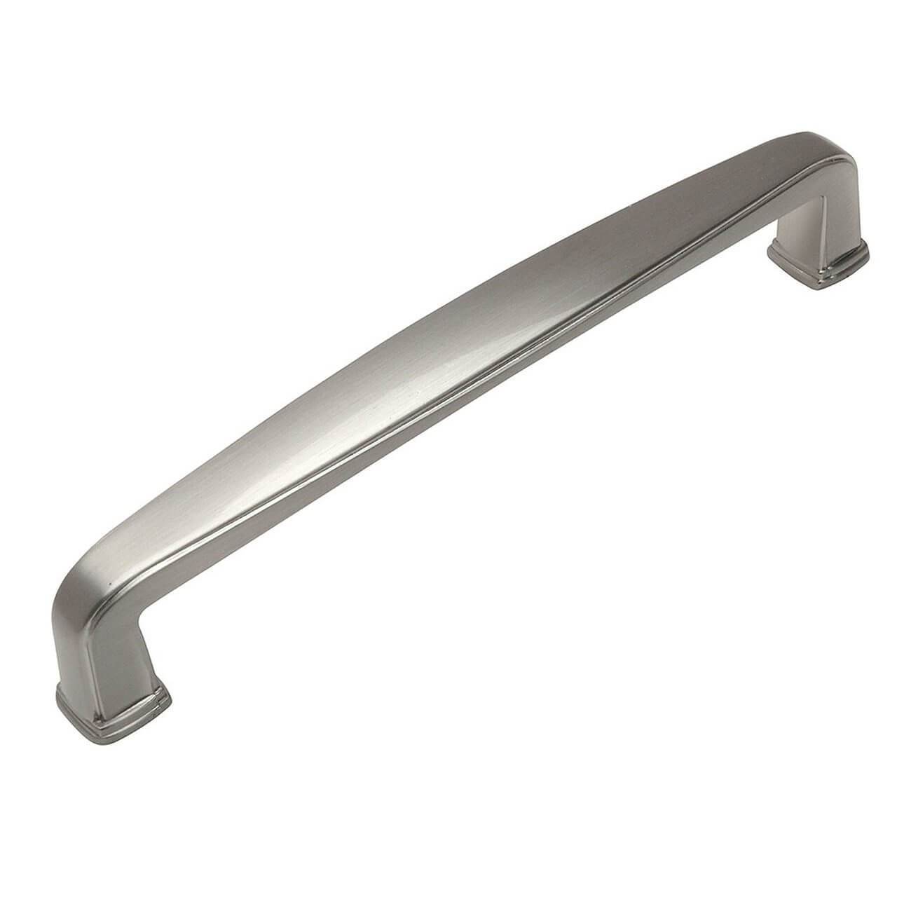 Subtle wide cabinet pull in satin nickel finish with five inch hole spacing