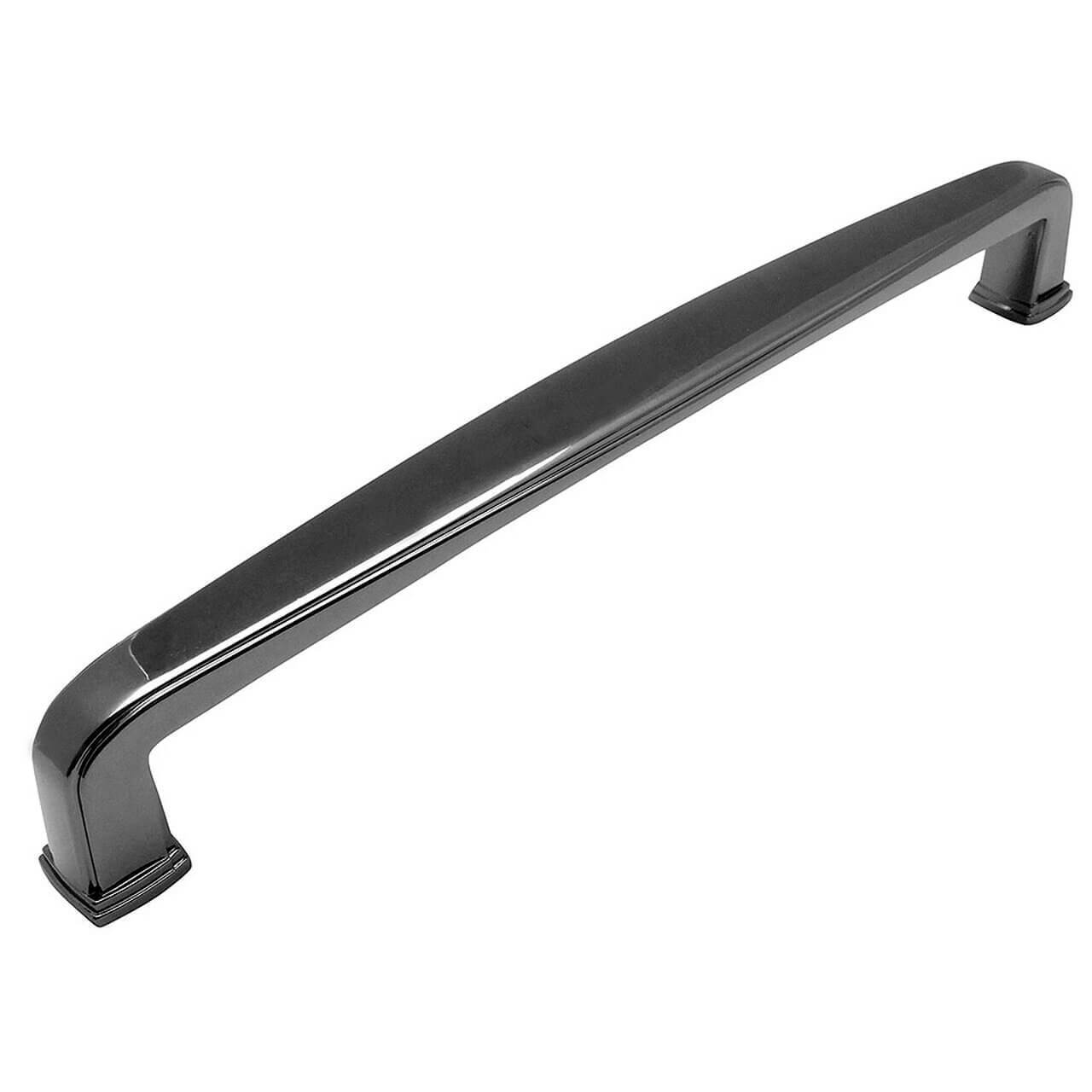 Black nickel cabinet pull with a subtle wide handle and six and five sixteenths inch hole spacing