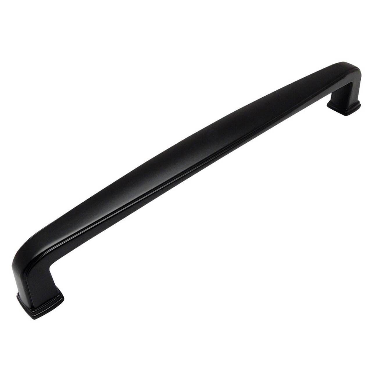 Flat black cabinet pull with six and five sixteenths inch hole spacing