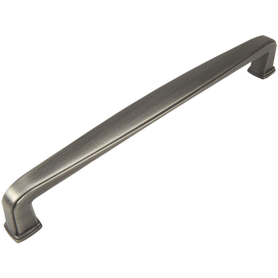 Seven and a half inch hole spacing drawer pull in antique silver finish with a subtle wide design