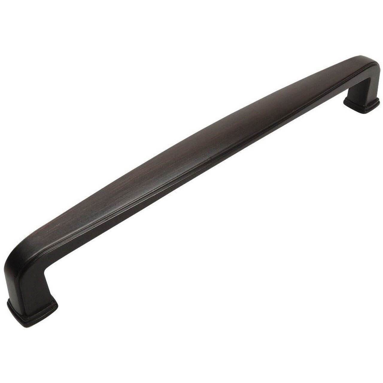 Cabinet pull in oil rubbed bronze finish with seven and a half inch hole spacing