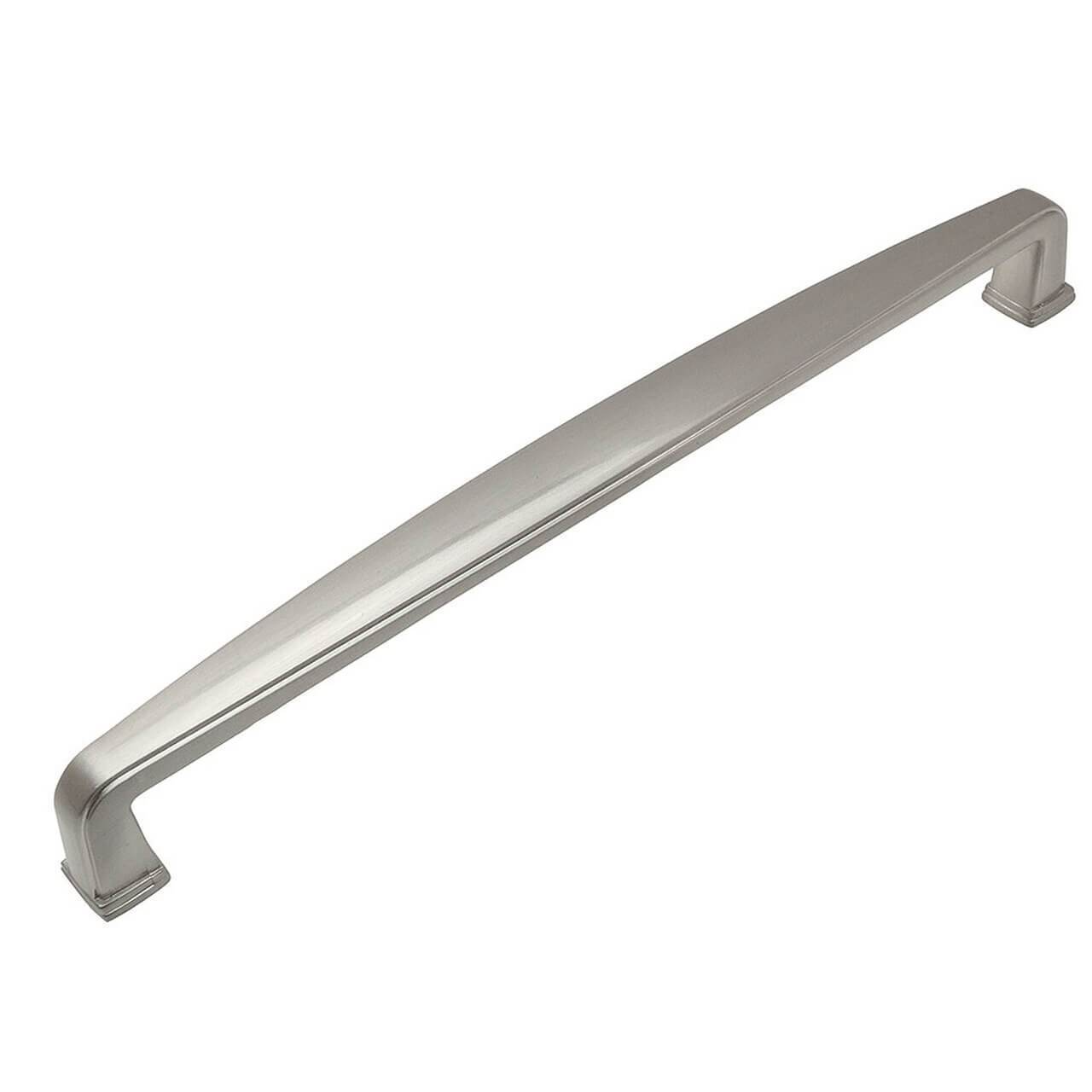 Satin nickel cabinet pull in seven and a half inch hole spacing with a subtle wide design