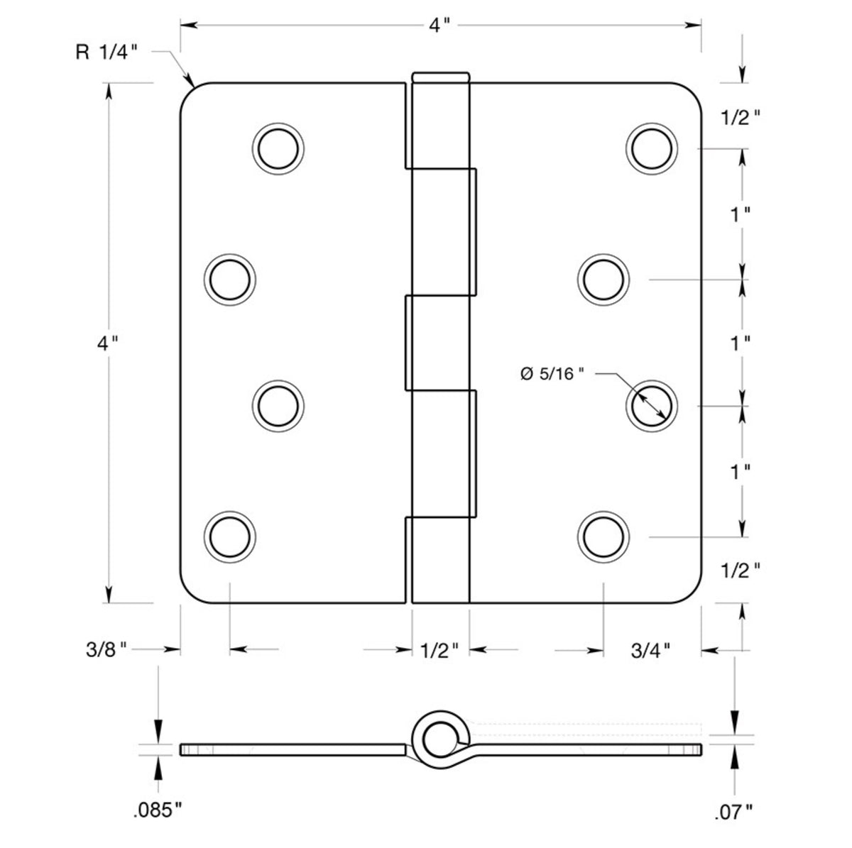 Cosmas Satin Nickel Door Hinge 4&quot; with 1/4&quot; Radius Corners