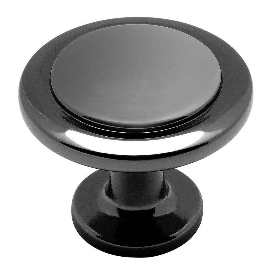 Round drawer knob in black nickel finish with circle curving and one and a quarter inch diameter