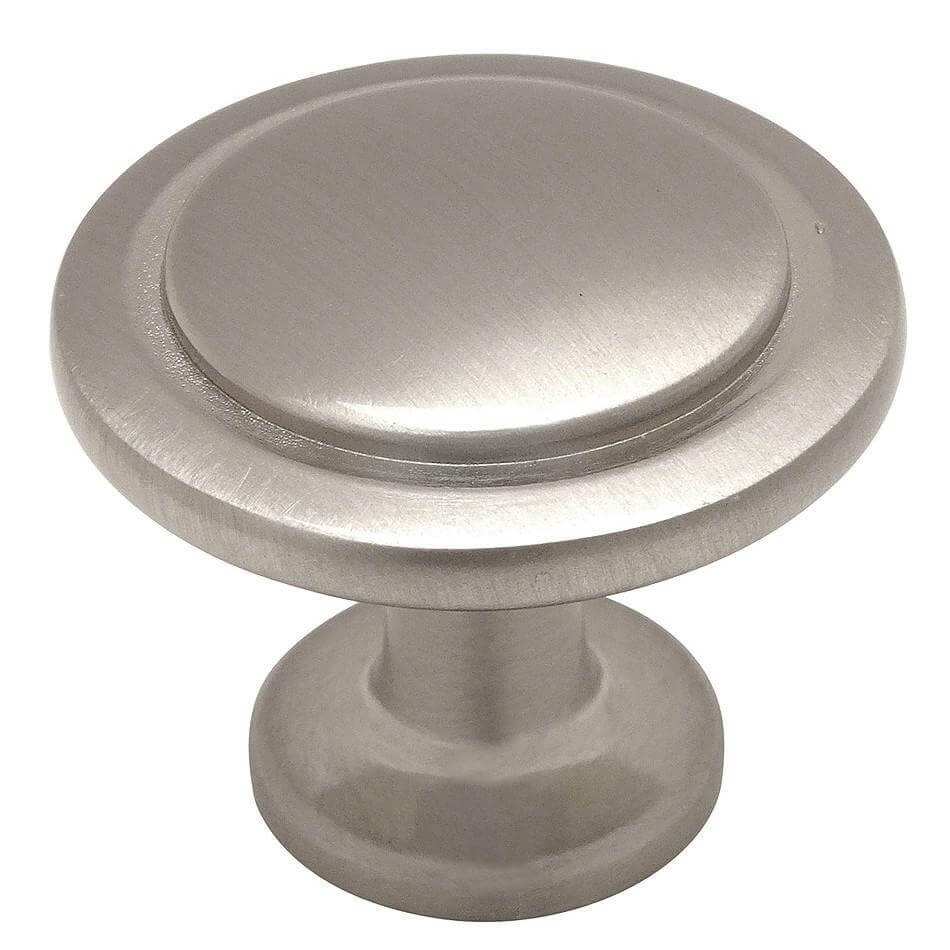Satin nickel cabinet drawer knob with circle carving and one and a quarter inch diameter