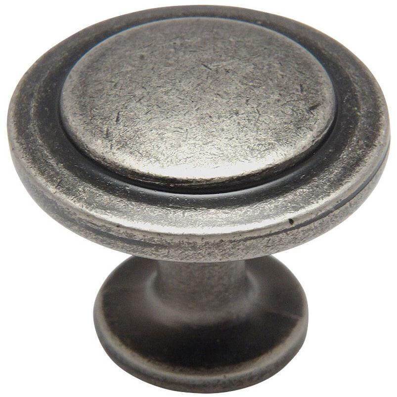 Cabinet drawer knob in weathered nickel finish with circle carving