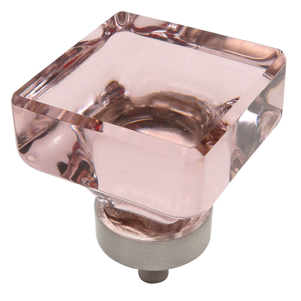 Cosmas 6377SN-P Satin Nickel &amp; Pink Glass Square Cabinet Knob - Cosmas